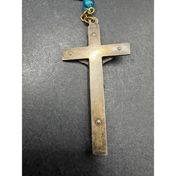 Vintage Catholic Aqua Blue Glass Rosary Silver Tone Crucifix w/ Gold Tone Case - Picture 5 of 11